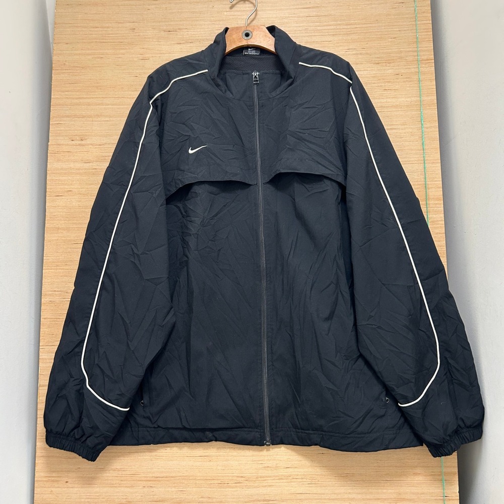 Nike Team Mens XL Black Track Jacket Full Zip Windbreaker White Piping Swoosh
